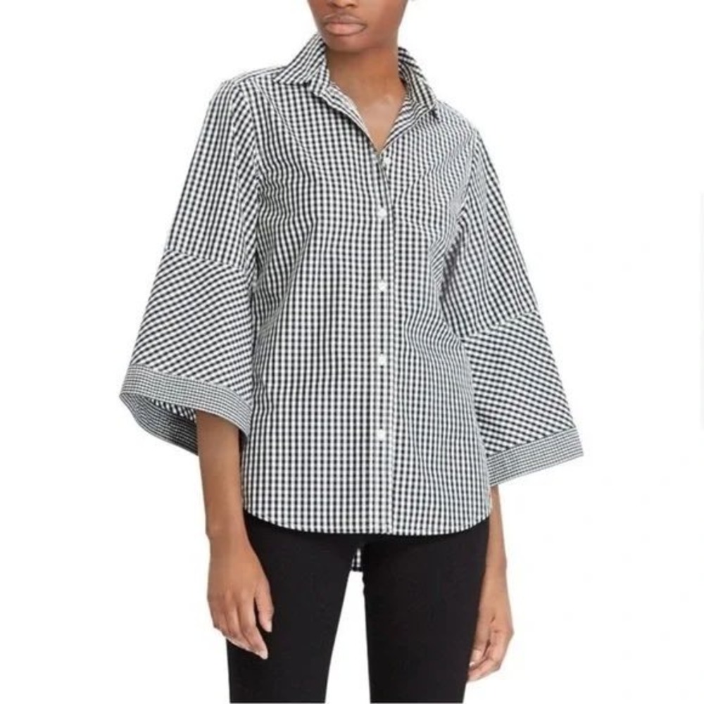 Lauren Ralph Lauren Womens Black White Gingham Bell Sleeve Cotton Shirt Size M